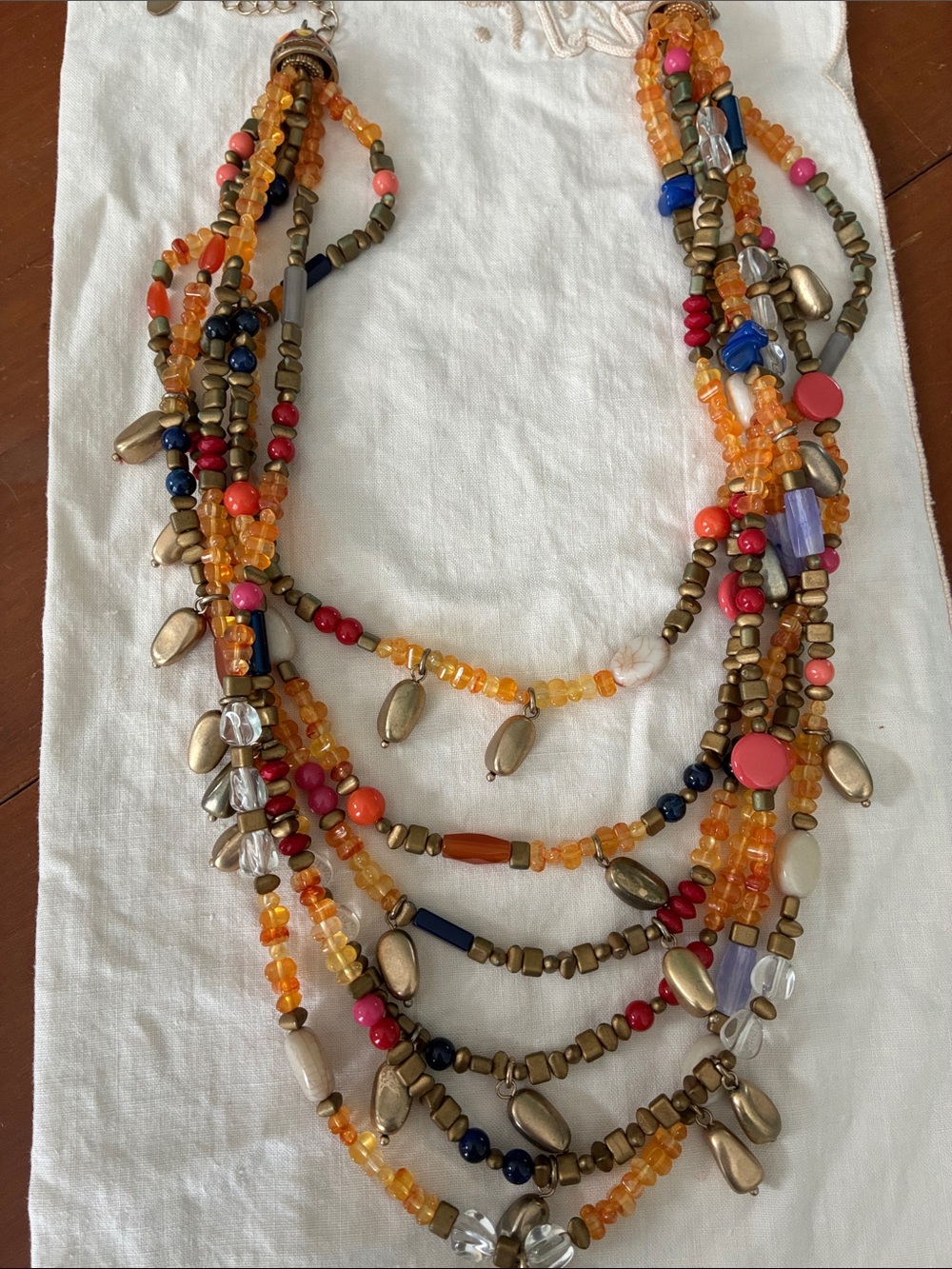 Chico's Multistrand Beaded Necklace in Orange, Gold, Blue & Pink Accents